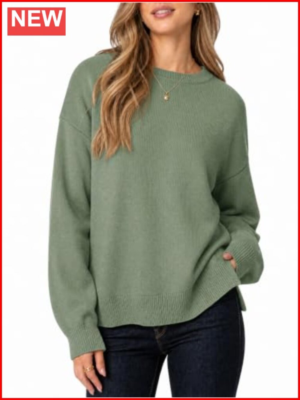 Oversized Crewneck Sweater Lantern Sleeve Knit Pullover Top
